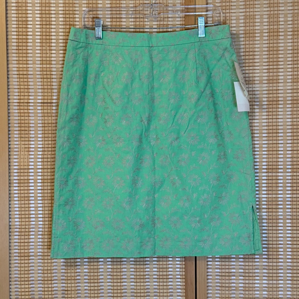 Liz Claiborne Lizsport Mint Green Silver Floral Embroidered Pencil Skirt Size 12